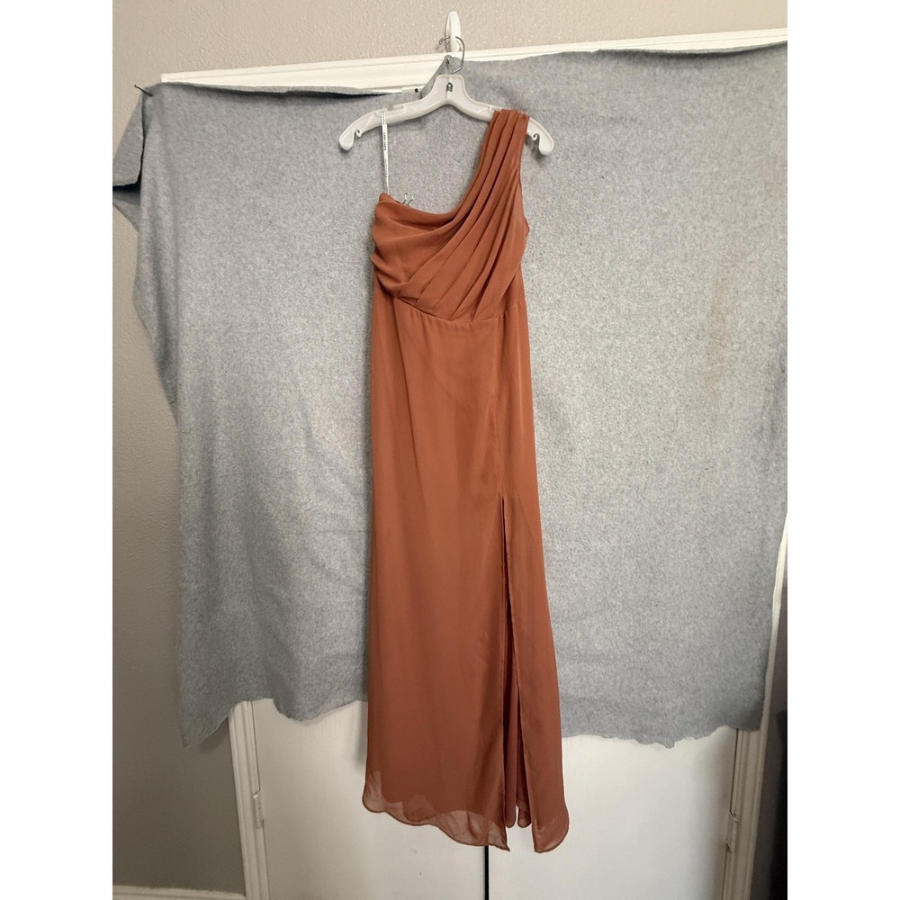 Birdy Grey Dress Womens XL Orange Chiffon One Shoulder Maxi Side Slit Bridesmaid